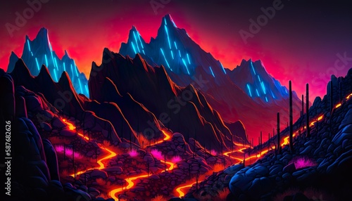 A neon mountain range with glowing peaks and valleys  Generative AI © dilli