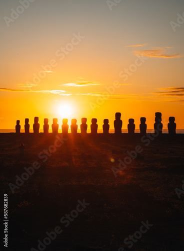 Sunrise at Ahu Tongariki with Moai statues on Easter island, Rapa Nui, Chile