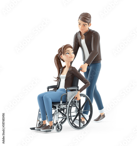 3d cartoon man pushing woman in wheelchair
