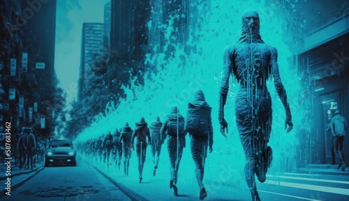 Grupo de robots humanoides caminado en fila en un ambiente apocalíptico, con una gama de colores azules y negros. 