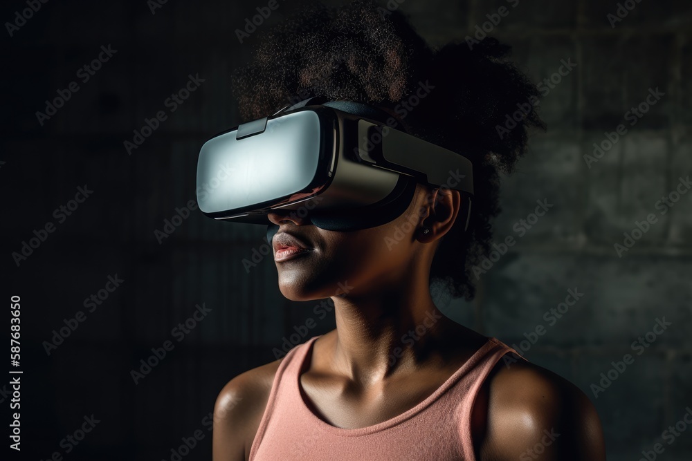 Naklejka premium Woman Wearing a VR Headset in a Studio - AI Generated