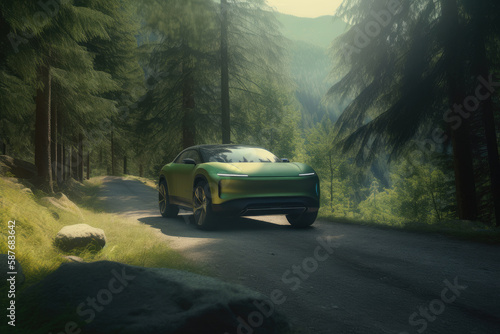 prototype green electric vehicle in a natural environment - ev concept