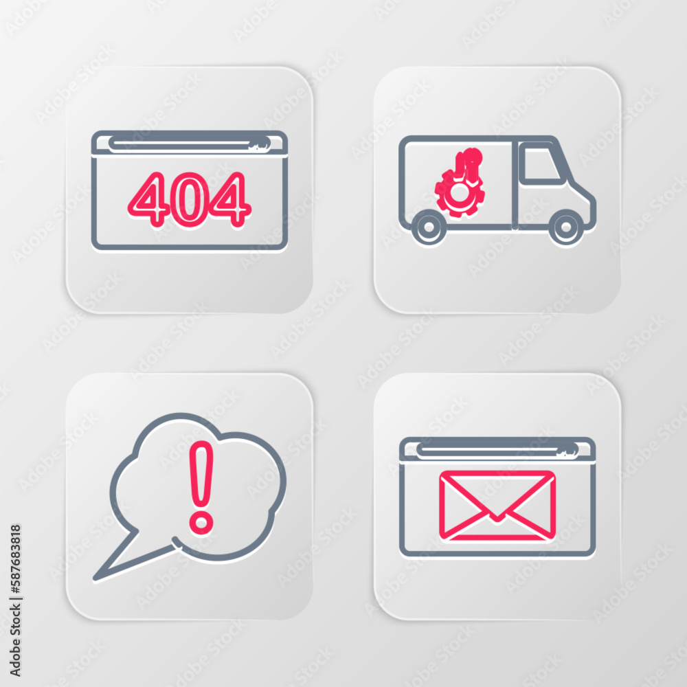 Set line Mail and e-mail, Speech bubble Exclamation, Car service and Page with 404 error icon. Vector Set line Mail and e-mail, Speech bubble Exclamation, Car service and Page with 404 error icon. Vector