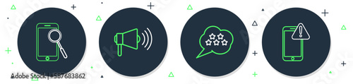 Set line Megaphone, Five stars rating review, Mobile diagnostics and with exclamation mark icon. Vector