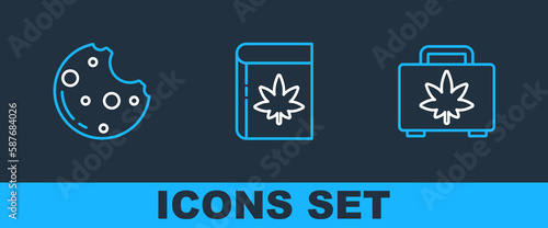 Set line Shopping box of marijuana, Cookies with and Book and or cannabis icon. Vector