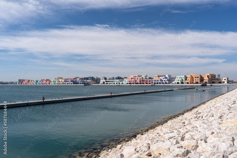 Morning view of Mina District Corniche in old Doha port, Qatar. Morning view of Mina District Corniche in old Doha port, Qatar.