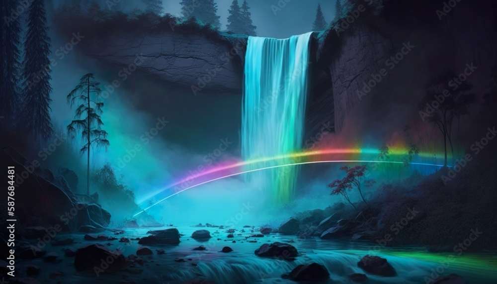 Naklejka premium A neon waterfall with a glowing mist and rainbow Generative AI