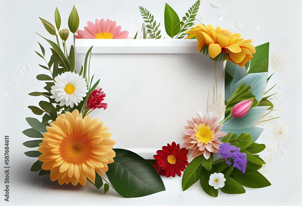 lot of flowers around blank flat rectangle, photo realistic, light background. Generative AI.
lot of flowers around blank flat rectangle, photo realistic, light background. Generative AI.