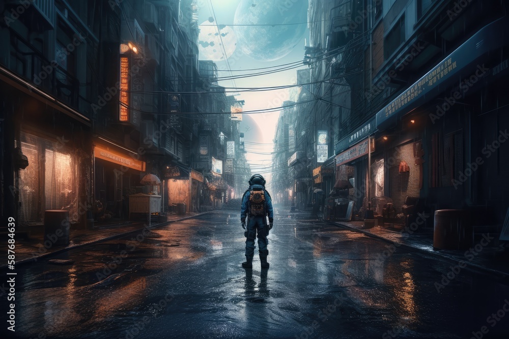 Astronaut walking in the middle of a city. Generative AI. Astronaut walking in the middle of a city. Generative AI.
