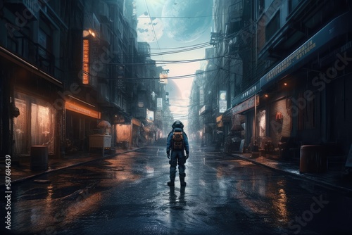 Astronaut walking in the middle of a city. Generative AI.