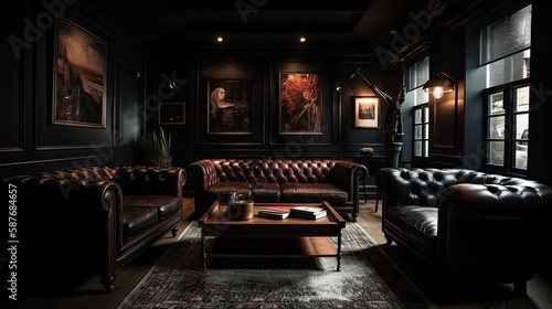 elegant dark black style living room with beautiful leather sofa. Generative AI. © andrenascimento