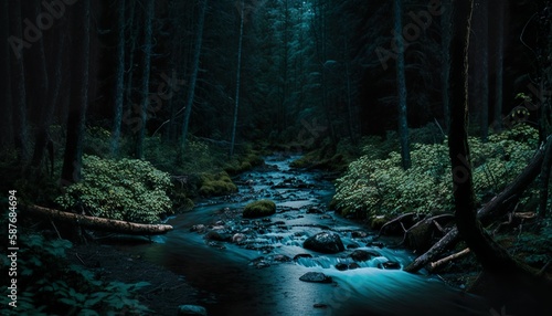 Photograph of a forest with a dark river running through it 35mm f2.8 cinematic unsplash  Generative AI