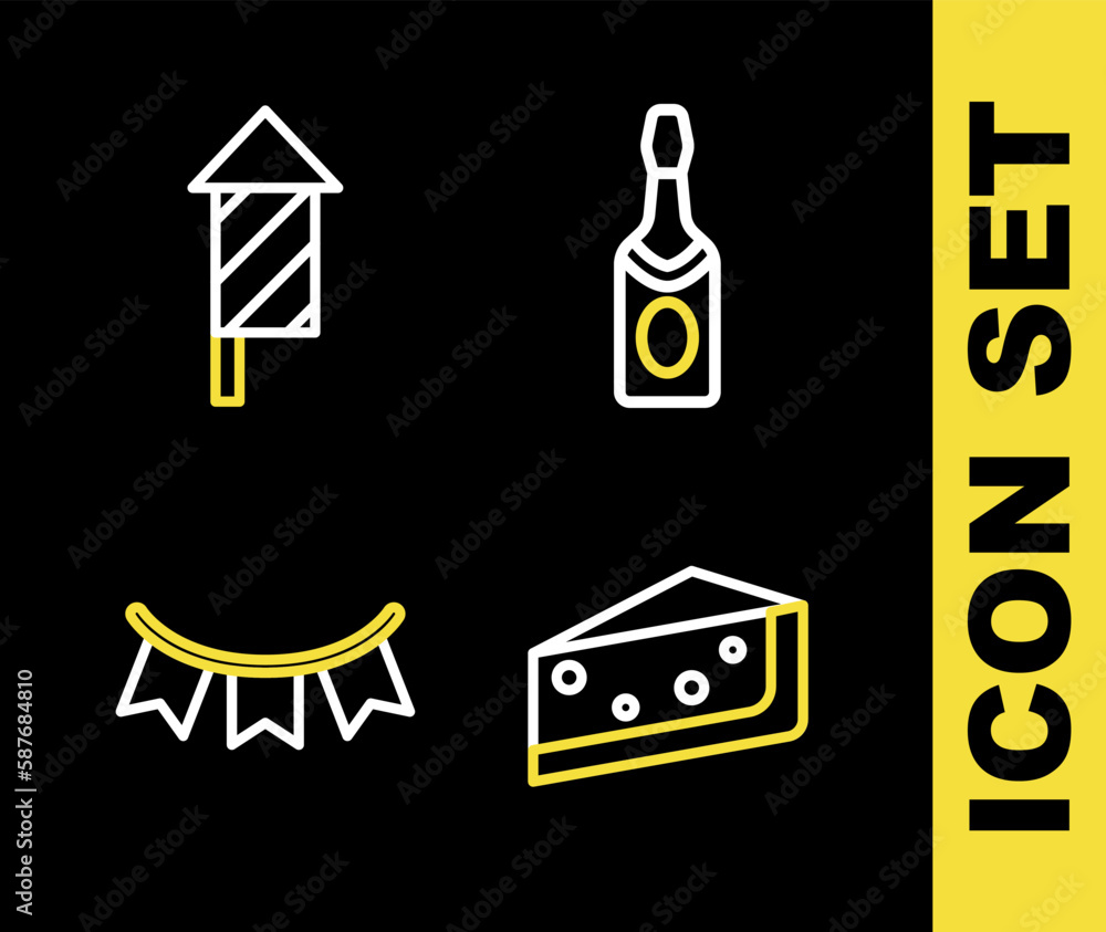 Fototapeta premium Set line Champagne bottle, Piece of cake, Carnival garland with flags and Firework rocket icon. Vector
