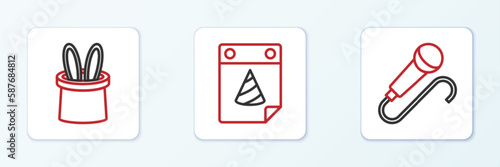 Set line Microphone, Magician hat and rabbit ears and Calendar party icon. Vector