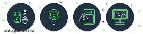 Set line Dollar rate decrease, Global economic crisis, Drop in crude oil price and news icon. Vector