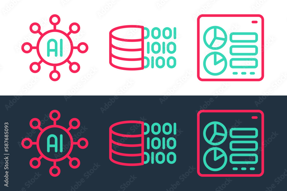 Set line Computer api interface, Neural network and Binary code icon. Vector Set line Computer api interface, Neural network and Binary code icon. Vector