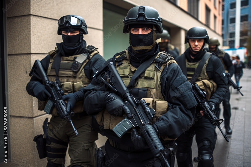 Fototapeta premium Special forces Anti-terrorist on mission. Generative AI.
