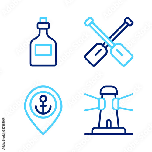 Set line Lighthouse, Location with anchor, Paddle and Rum bottle icon. Vector