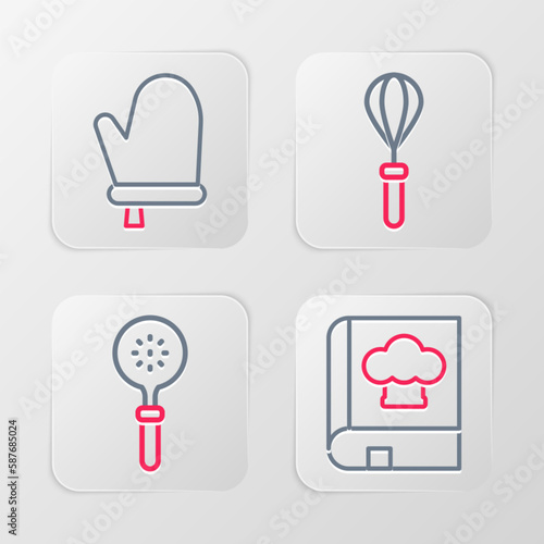 Set line Cookbook  Spatula  Kitchen whisk and Oven glove icon. Vector
