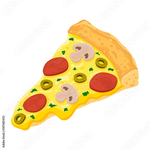 Pizza Salami with mushrooms. Vector healthy pepperoni Pizza slice. Fast food illustration on white background.