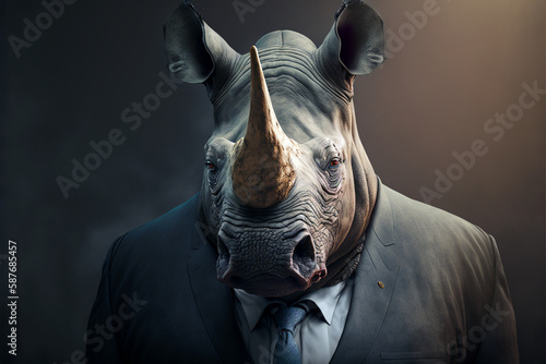 Portrait of a rhinoceros dressed in a business suit, Generative AI