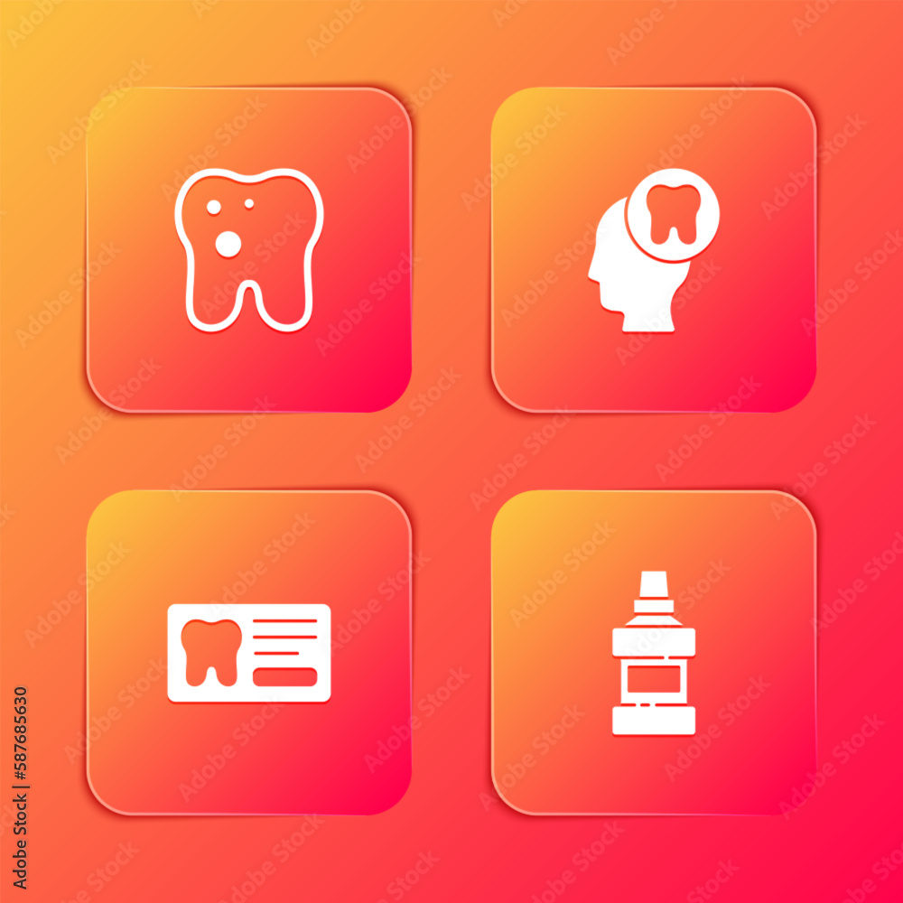 Set Tooth with caries, Human head tooth, Dental card and Mouthwash bottle icon. Vector Set Tooth with caries, Human head tooth, Dental card and Mouthwash bottle icon. Vector
