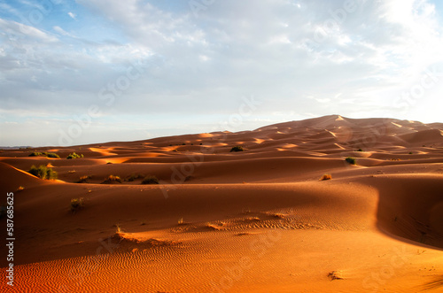 Dunes in the Sahara desert  Merzouga desert  grains of sand forming small waves on the dunes  panoramic view. Setting sun. Morocco. Reflections of the sun on the objective lens