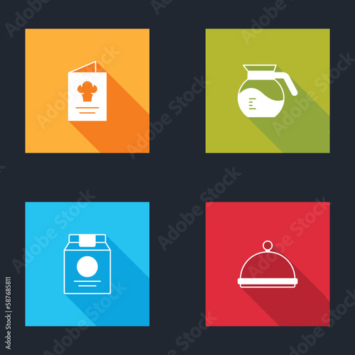 Set Cookbook, Coffee pot, Online ordering and delivery and Covered with tray icon. Vector