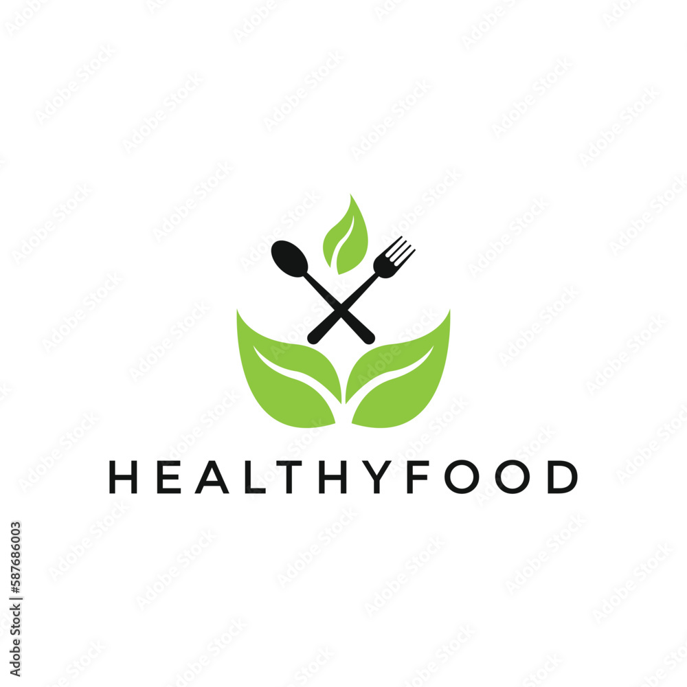 Leaf with Spoon & Fork Healthy Food Logo Design Template For Restaurant Leaf with Spoon & Fork Healthy Food Logo Design Template For Restaurant