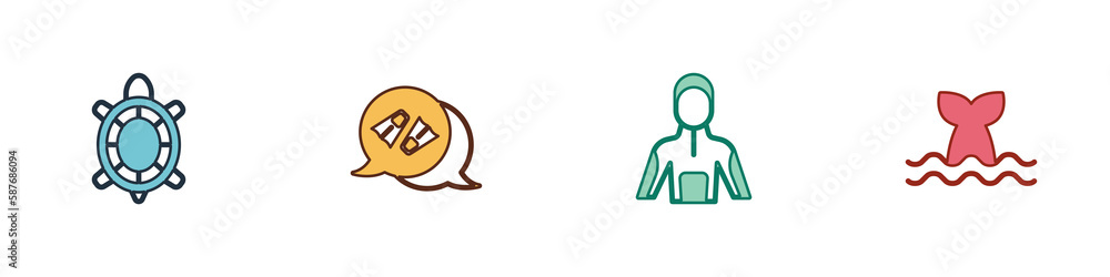 Set Turtle, Flippers for swimming, Wetsuit scuba diving and Whale tail icon. Vector Set Turtle, Flippers for swimming, Wetsuit scuba diving and Whale tail icon. Vector