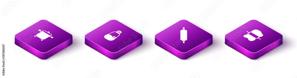 Set Isometric Cooking pot, Salt, Rolling pin and on dough icon. Vector Set Isometric Cooking pot, Salt, Rolling pin and on dough icon. Vector