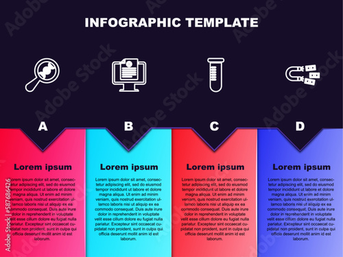 Set line DNA research, search, Clinical record on monitor, Test tube flask and Magnet with money. Business infographic template. Vector