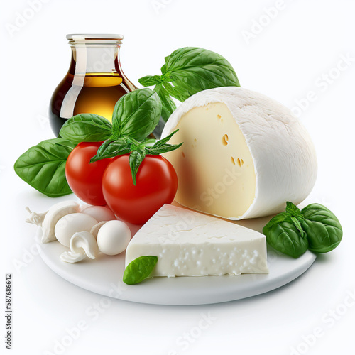 Mozzarella cheese tomatoes and basil closeup shot, white background, Generative AI