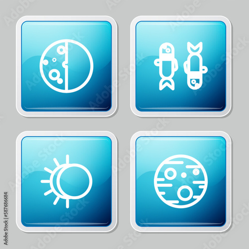 Set line Eclipse of the sun, Pisces zodiac, and Planet Mars icon. Vector