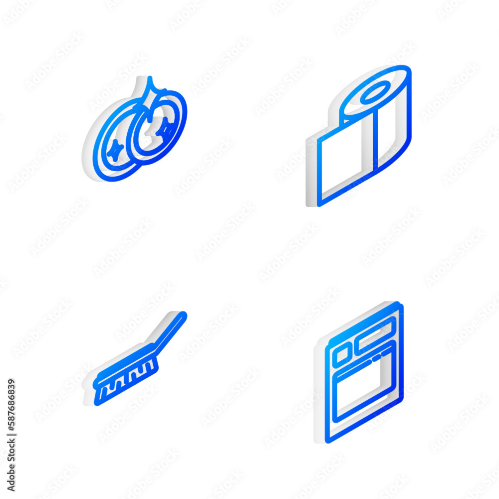Set Isometric line Toilet paper roll, Washing dishes, Brush for cleaning and Kitchen dishwasher machine icon. Vector Set Isometric line Toilet paper roll, Washing dishes, Brush for cleaning and Kitchen dishwasher machine icon. Vector