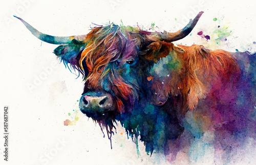 Watercolor painting of highland cow with white background. photo