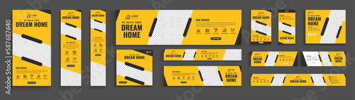 construction web banner bundle, construction site banner, home repair web banner template editable, home maintenance social media banner. excavator banner template bundle