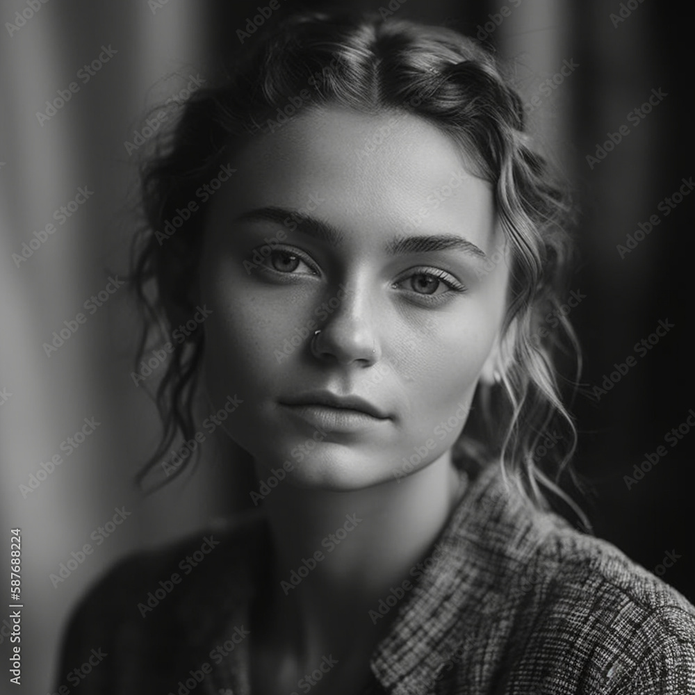 High fashion portrait, a confident model's face is captured in fine detail, eye level, and black & white, lit by natural window light in a minimalistic studio, Created with generative Ai Technology.