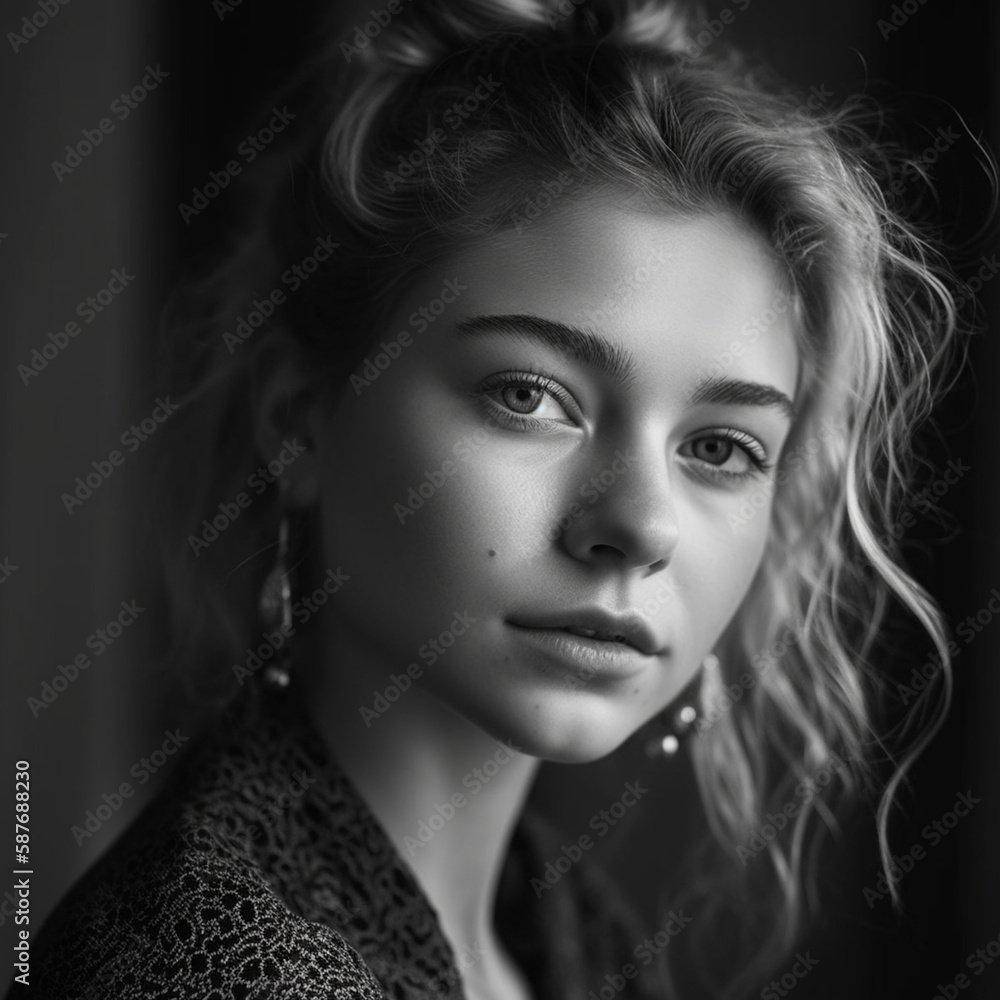 High fashion portrait, a confident model's face is captured in fine detail, eye level, and black & white, lit by natural window light in a minimalistic studio, Created with generative Ai Technology.