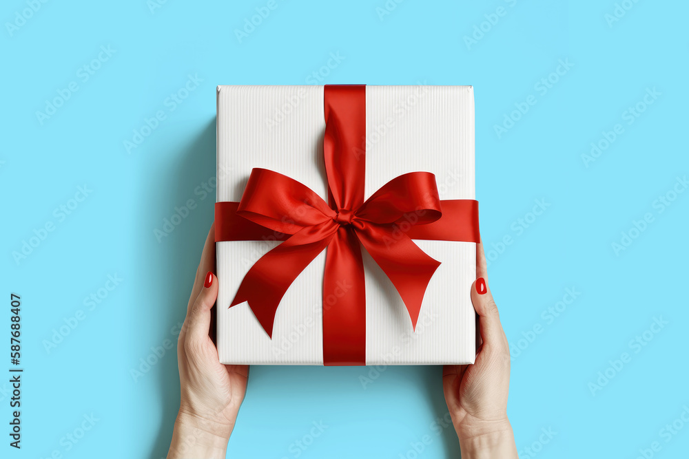 Gift box with beautiful red ribbon bow in female hands. Generative AI Gift box with beautiful red ribbon bow in female hands. Generative AI