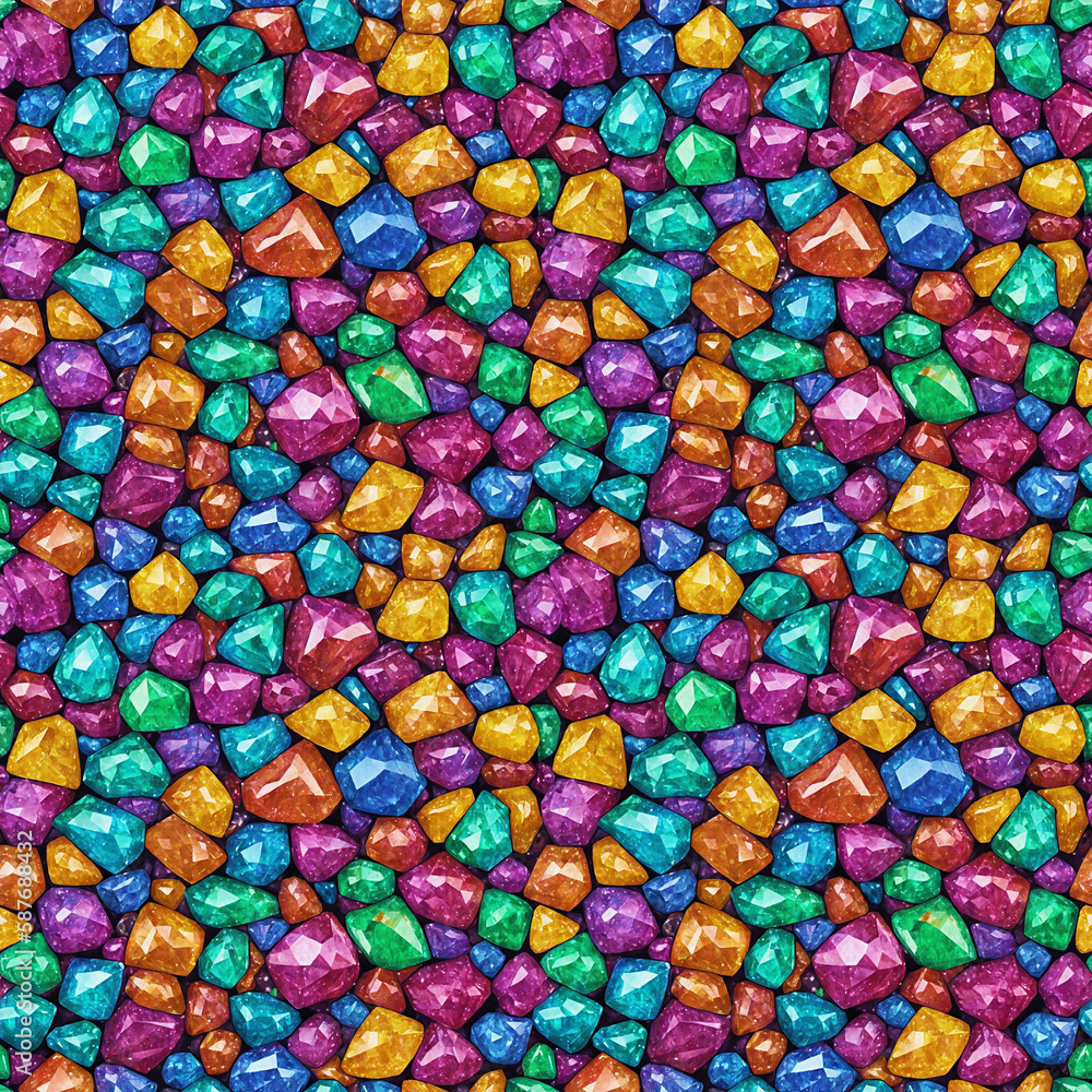 Seamless pattern with bunch of multicolored crystals, rubies, emeralds, amber. Generative AI Seamless pattern with bunch of multicolored crystals, rubies, emeralds, amber. Generative AI