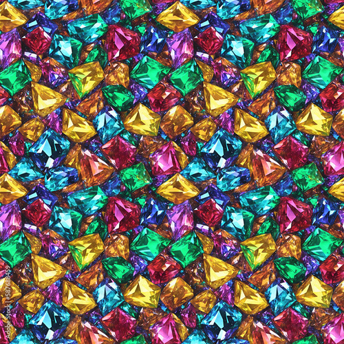 Seamless pattern with bunch of multicolored crystals, rubies, emeralds, amber. Generative AI