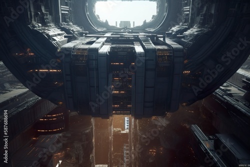 Fototapeta Naklejka Na Ścianę i Meble -  Sci-fi spacestation wallpaper illustration. AI generative Art.