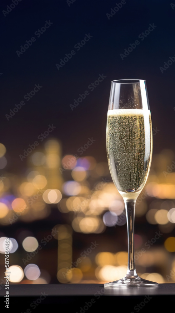 A glass of Champagne with a city during nighttime in the background A glass of Champagne with a city during nighttime in the background