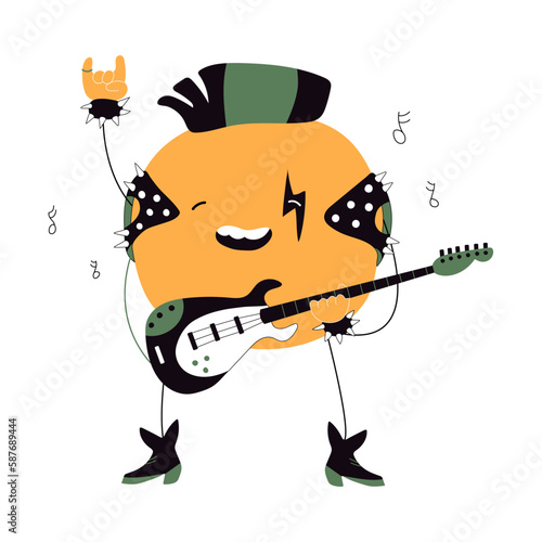 Rocker tangerine cartoon character isolated on white background. Vector hand drawn clip art.	