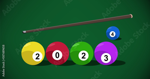 New year 2024 is coming. Billiard balls with numbers. New year 2024 concept with billiard balls and cue stick on pool table. Flat Vector illustration