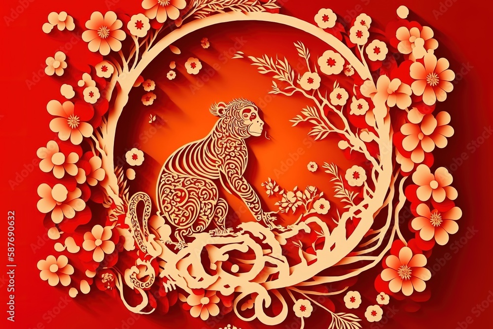 paper cut style, Chinese New Year, stock illustration Chinese New Year, Chinese Culture, Backgrounds. Generative Ai.