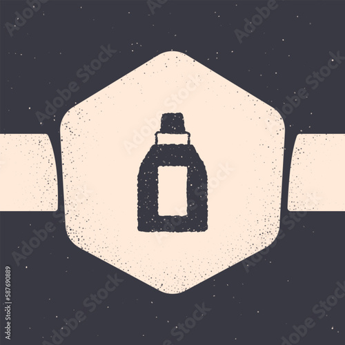 Grunge Plastic bottle for laundry detergent, bleach, dishwashing liquid or another cleaning agent icon isolated on grey background. Monochrome vintage drawing. Vector