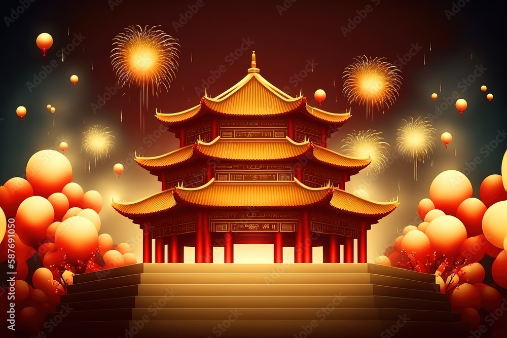 Podium with happy new year stock illustration Chinese New Year, Chinese Culture, Firework - Explosive Material, Temple - Building, Chinese Lantern Festival. Generative Ai. Podium with happy new year stock illustration Chinese New Year, Chinese Culture, Firework - Explosive Material, Temple - Building, Chinese Lantern Festival. Generative Ai.
