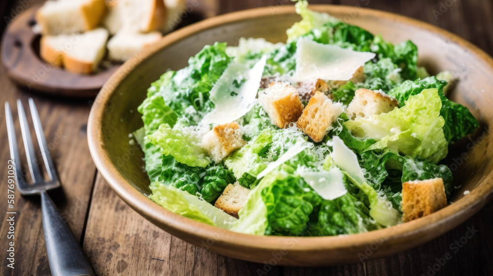 A Bowl With Caesar Salad in a Rustic Setting